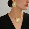 Exaggerated Embossed Round Brand Inlaid Imitation Pearl Necklace Earrings Gold-plated Jewelry Set