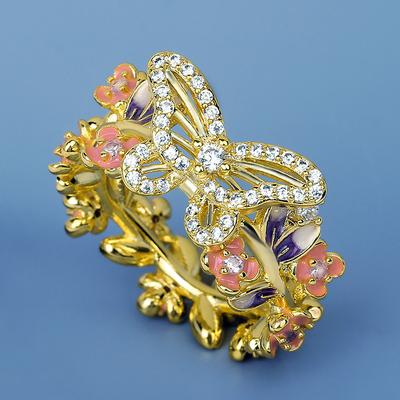 Pastoral Style Butterfly Flower Enamel 18k Gold Ladies Ring Butterfly Jewelry