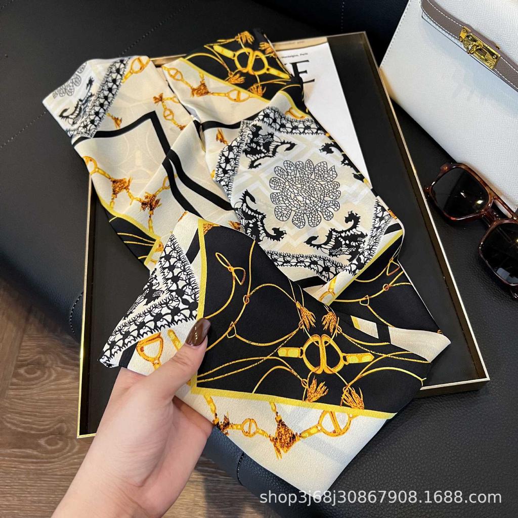 Long Silk Scarf Women's New Small Silk Scarf Printing Simulation Silk Tied Bag Streamer Explosion Sweet Little Scarf