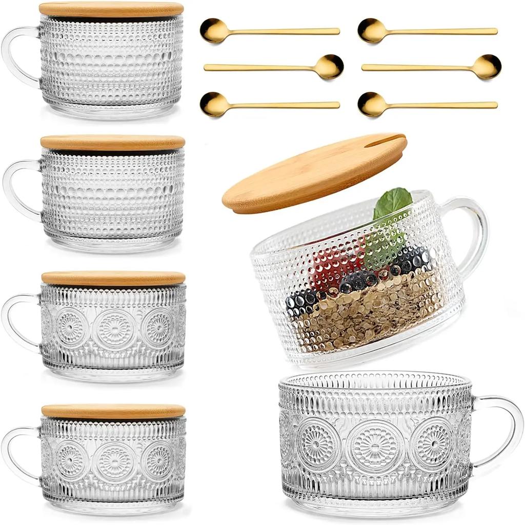 Todays Present 4pcs Vintage Glass Coffee Mugs Gifts for Women, Overnight Oats Containers With Bamboo and Spoons, 15oz Clear Em