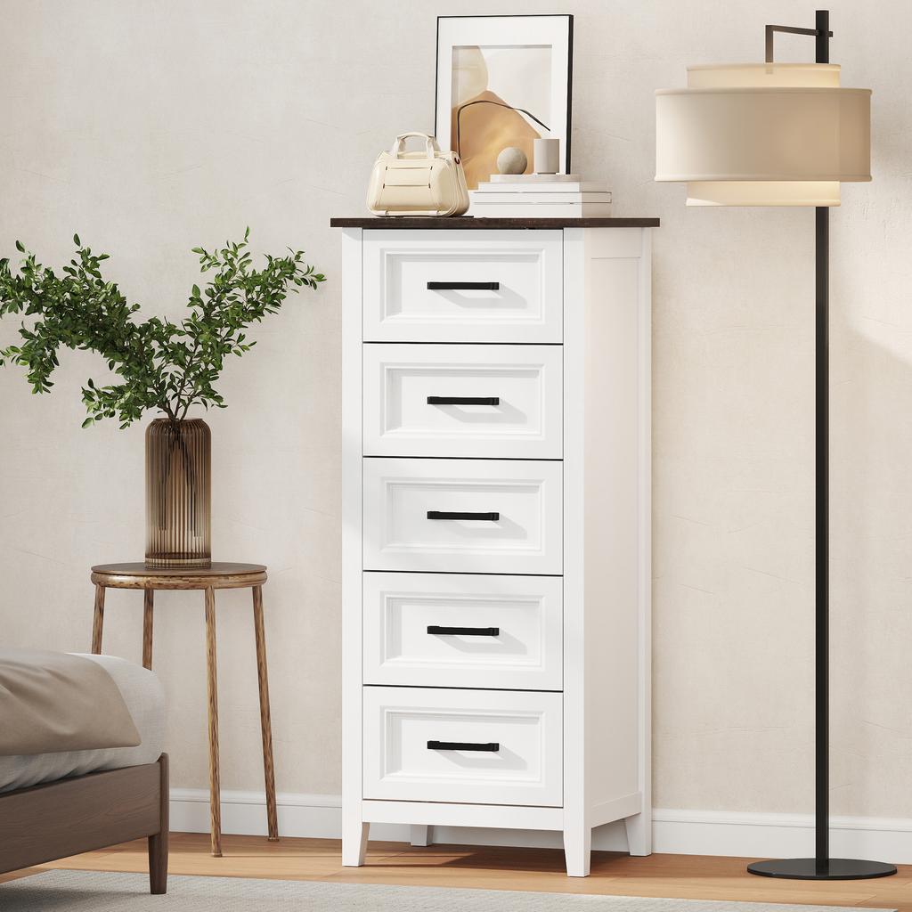Narrow and Tall Bedroom Chest of Drawers with Wood-Effect Top Dresser for Small Spaces 45x35x106 Cm White
