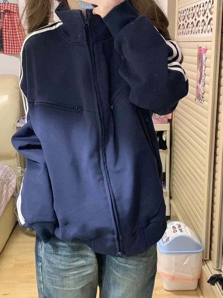 Women s Stand Collar Long Sleeve Zip Up Jacket Oversized Striped Sleeve Sweatshirt American Retro Casual Pocket Outerwear S