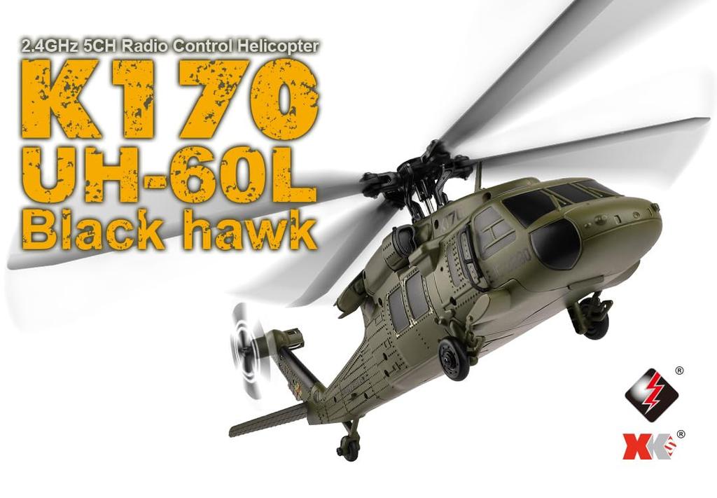 Hitec XK UH-60L K170 Blackhawk Pitch Control, 2.4G, 5CH, Official Japanese Product, Under 100g, Includes Display Stand, Takeoff and Landing Pad,