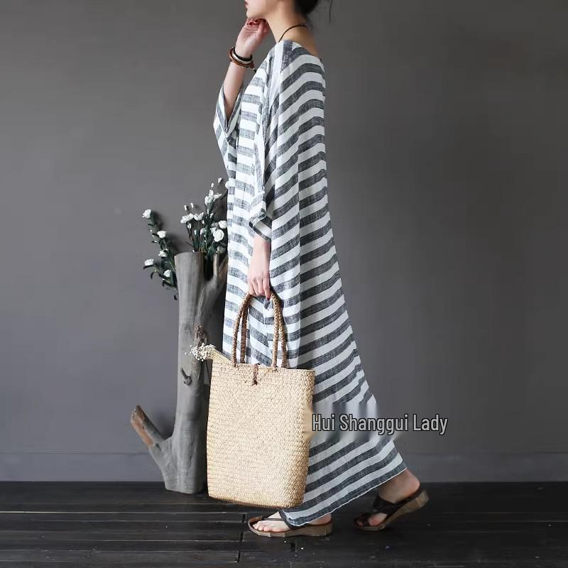 2024 Spring Ethnic-Style Mid-Length Striped Cotton Linen Dress for Women