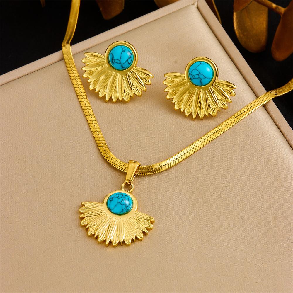 Vintage Heart Fan Shape Blue Turquoise Pearl Drop Earrings Necklace Set with Fashion Gold Accents