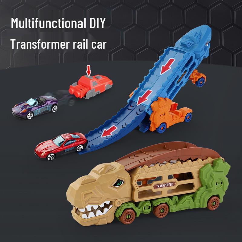 Dinosaur Track Car Toy with Folding Storage & Ejector for Kids Aged 0-6