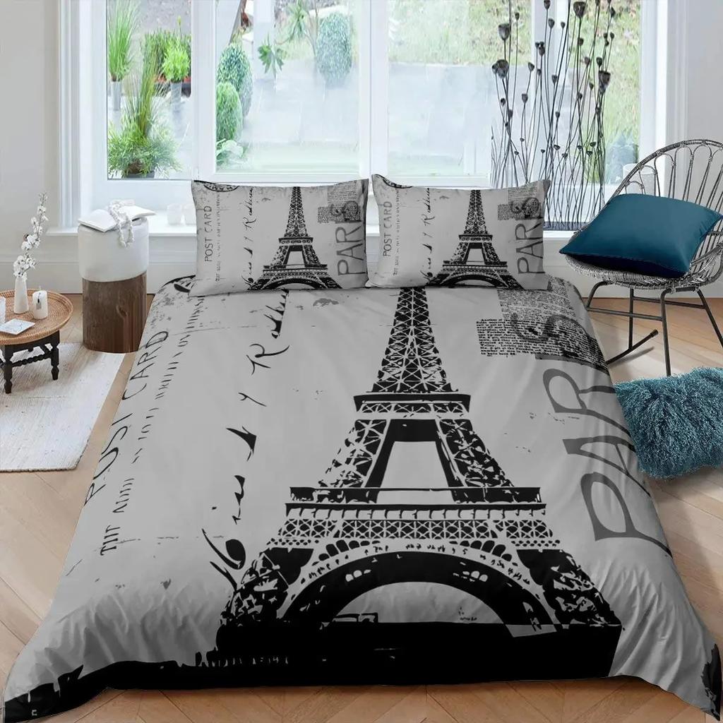 Old Newspaper Duvet Cover Set Vintage French Bedding Brown Quilt Cover for Boys Girls Teens Polyester Comforter Cover