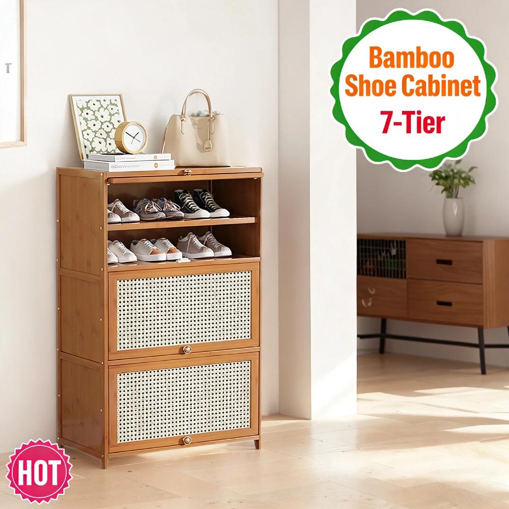Narrow Entryway Bamboo Shoe Cabinet 7-Tier Free Standing Storage Cubby with 2 Flip Drawers & Door Ventilation Odor-Free Shoe Org