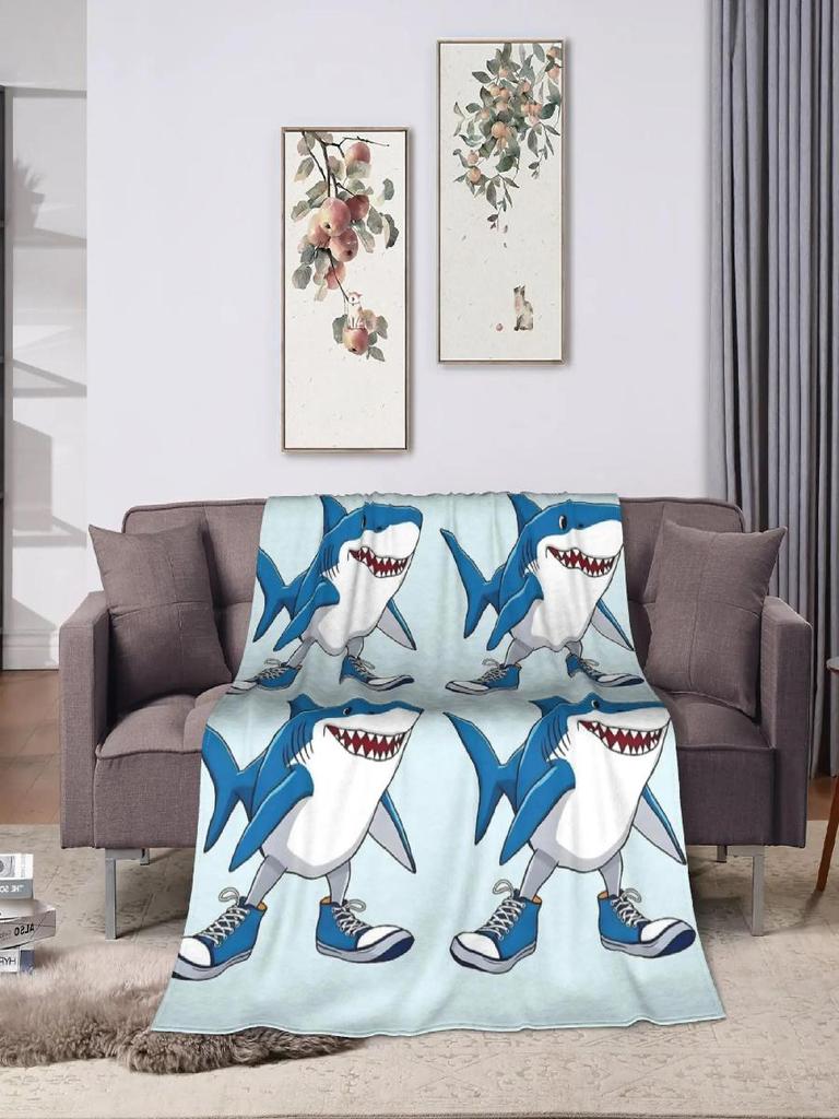 Soft Blanket for Adults Cartoon Shark with Blue Shoes Camping Throw Bedding Sofa Cover Trendy Street Design