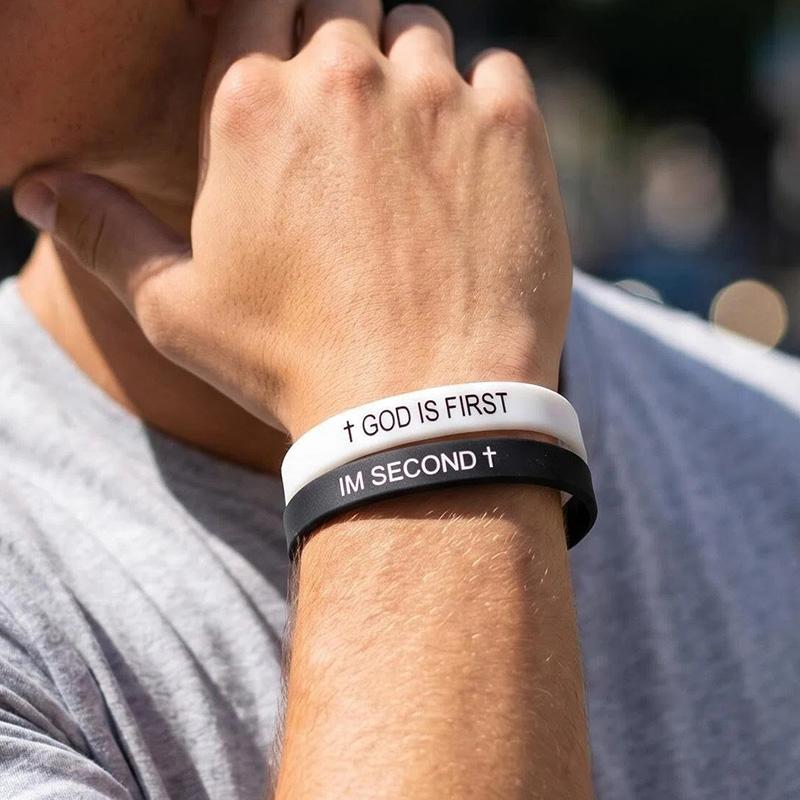 Mens Black White Silicone Bracelets GOD IS FIRST IM SECOND Cross Symbol Durable Minimalist Spiritual Wristbands For Men Gift