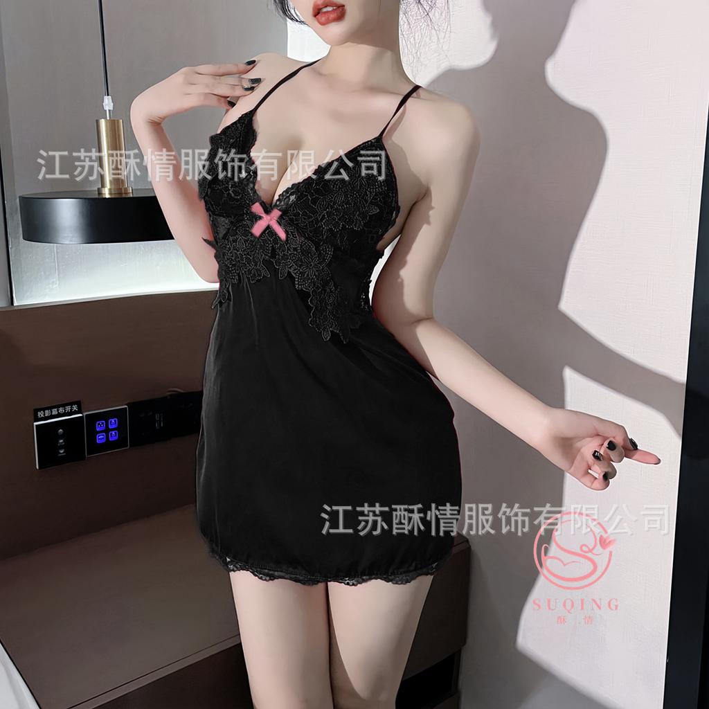 Suspender nightdress sexy backless new model with chest pad ice silk lace solid color pure desire wind