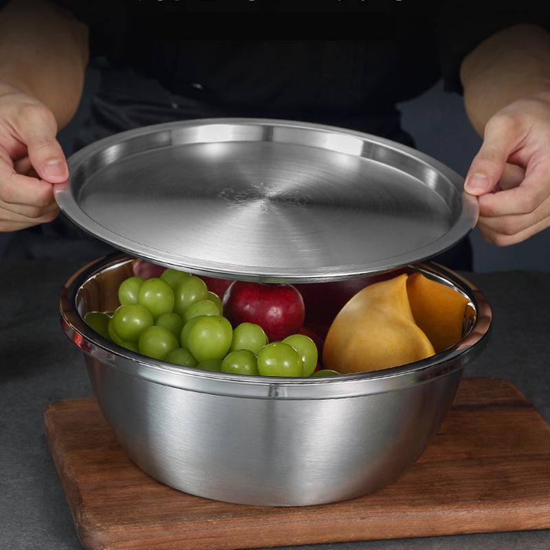 Thicken 304 Stainless Steel Salad Egg Mixing Bowls with Lid Flour Soup Bowl European Kitchen Utensils Vegetable Fruit Basin