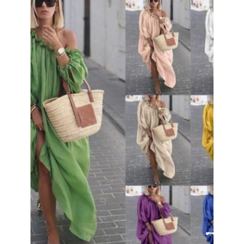 

Fashion Spring and Autumn New Arrival Fashion Mid-Length Amazon Shoulder Sexy off-Shoulder Large Board Beautiful Dress Women Yellow 2XL