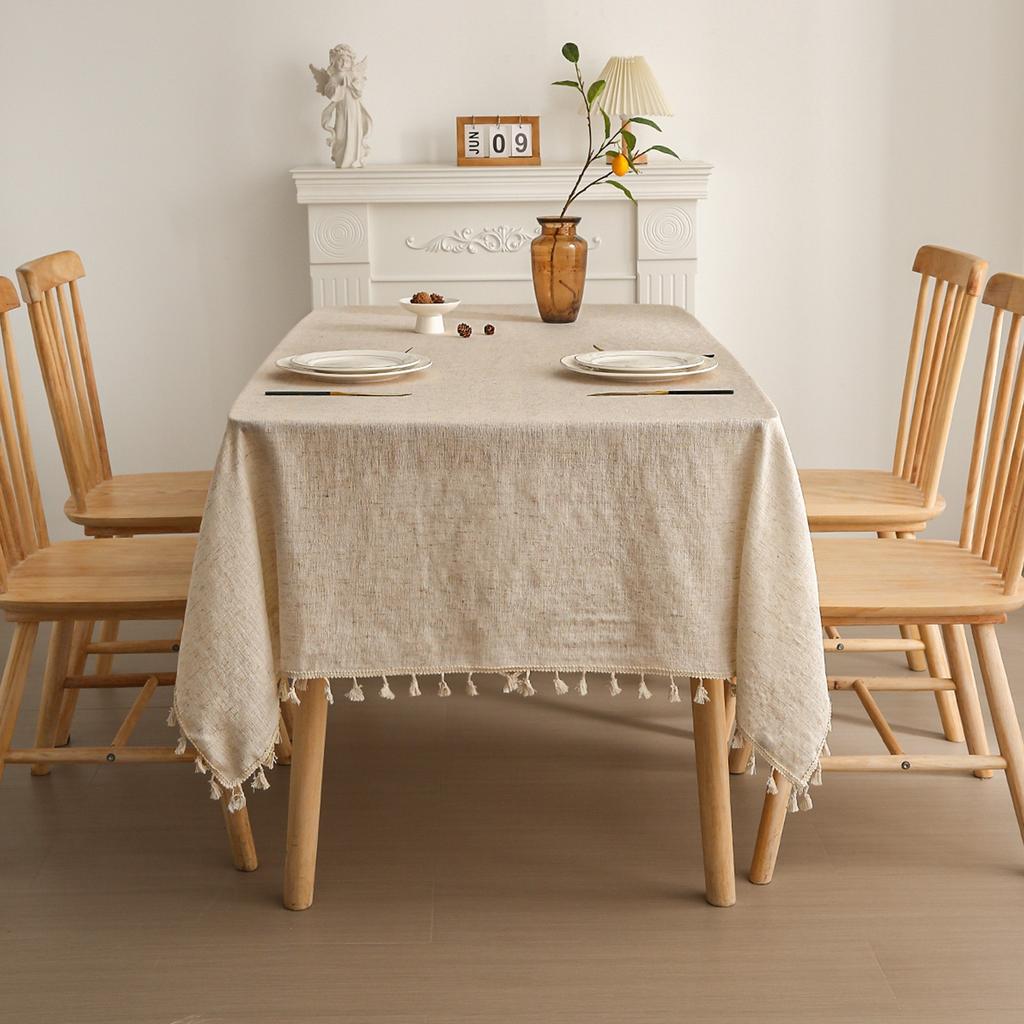 Amazon Popular Japanese-Style Striped Linen Tablecloth Tables And Chairs Simple Plain Tassel Atmosphere Decorative Cloth Dining Table