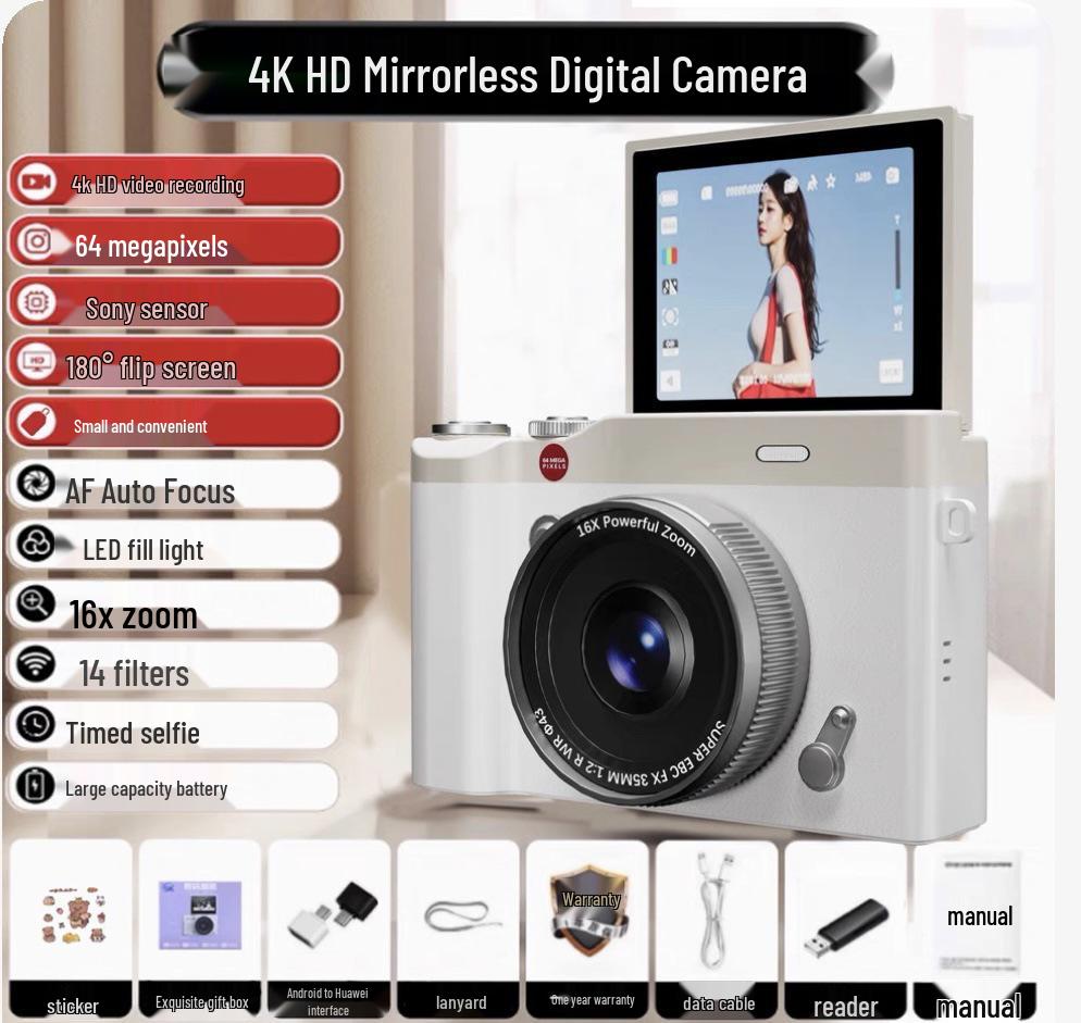 Retro CCD HD Flip Screen 4K DSLR with Dual Camera & Fill Light