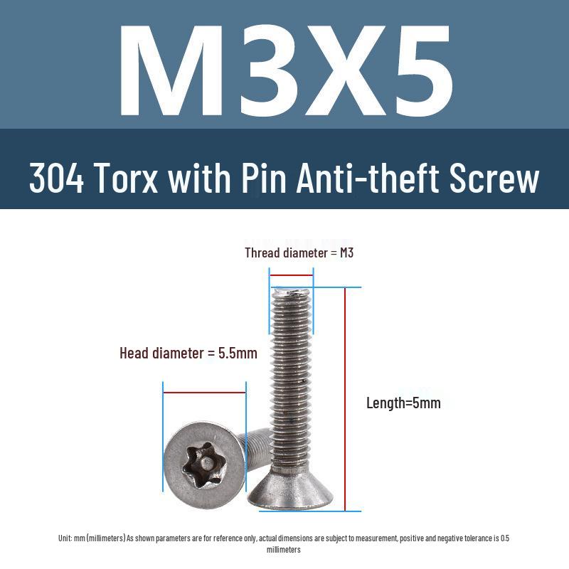 Yigu 304 Tamper-Proof Countersunk Torx Pin Screws, M2-M8, Flat Head, Anti-Removal
