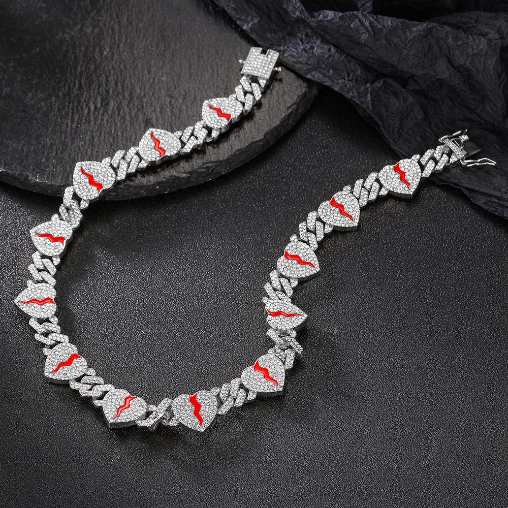 Personalized Heart Cuban Link Rhinestone Alloy Necklace - Red Crack Hip Hop Jewelry