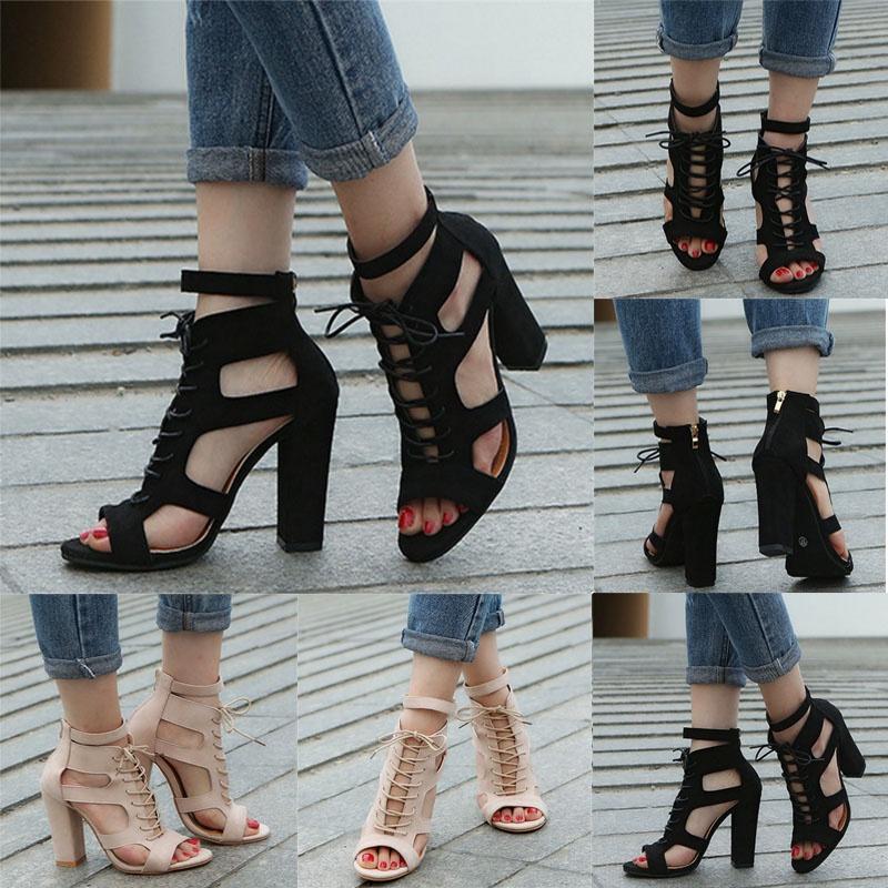 Open Toe Womens Lace Up Ankle Sandal Boots High Chunky Heel Roman Shoes