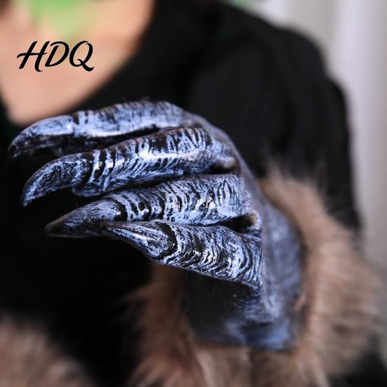 Werewolf Cosplay Gear Realistic Claws Gloves, Furry Black Wolf Paw Costume Headgear, Halloween Durable Gloves Beast Animal Props for Party Cosplay,