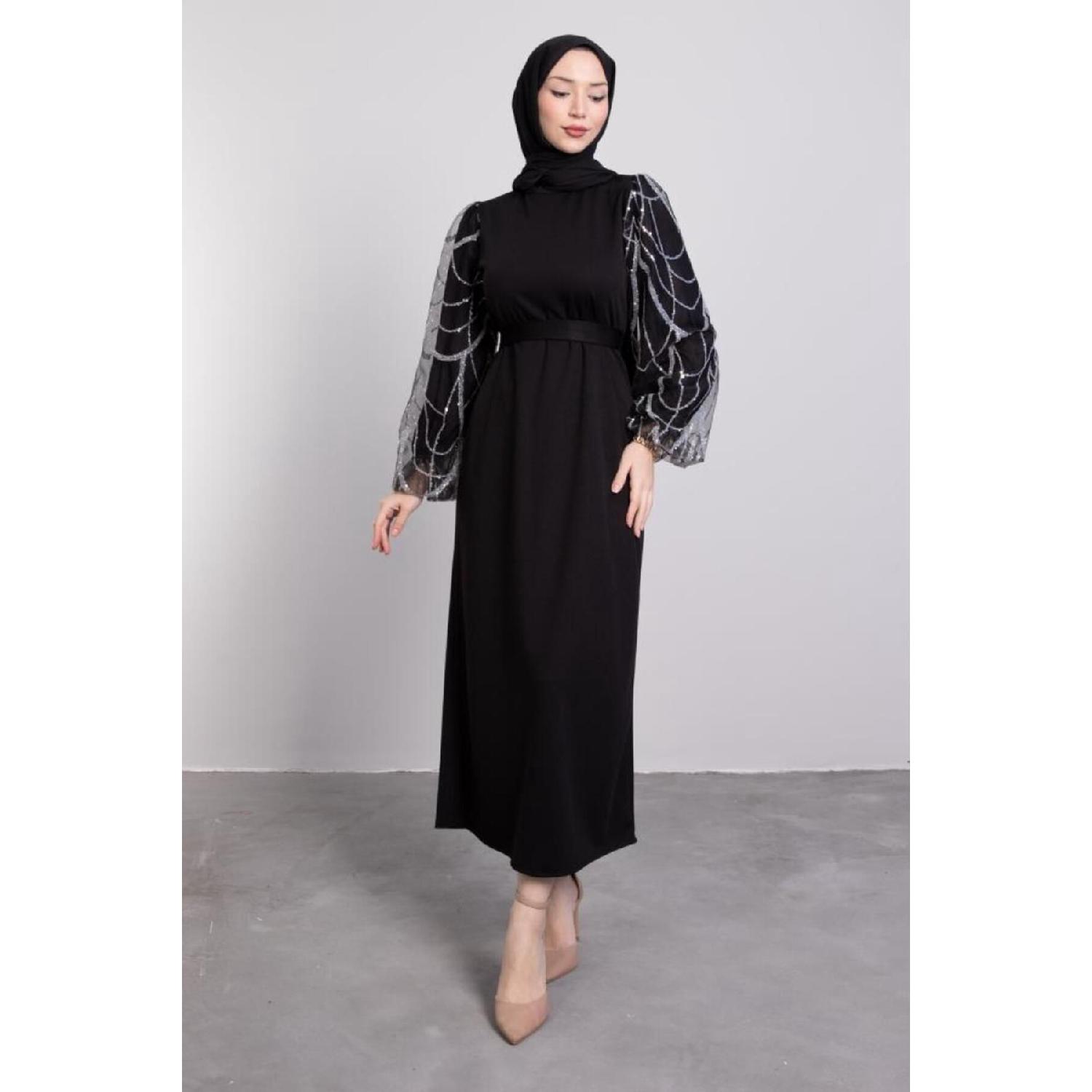 

Belted Hijab Dress With Net Pattern On Sleeves Black 40 чорний
