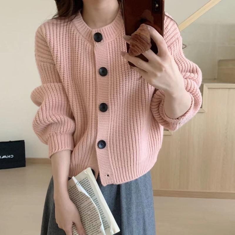 

Мягкий восковой ленивый ветер круглый вырез однобортный вязаный кардиган женский осенне-зимний новый свободный свитер-жакет one size fits all розовый