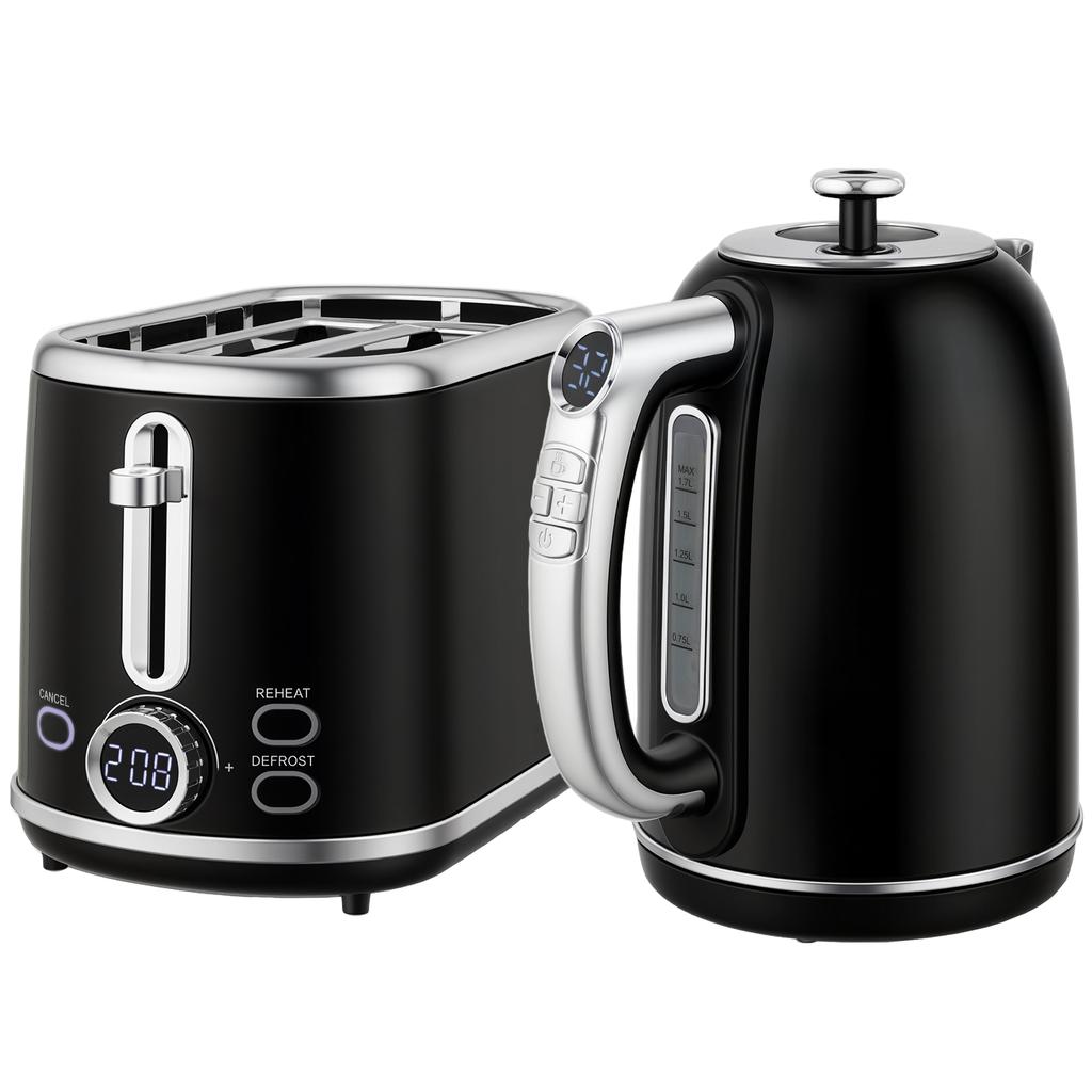 Polished Retro 40-100 degrees C Kettle and Toaster Set - Black