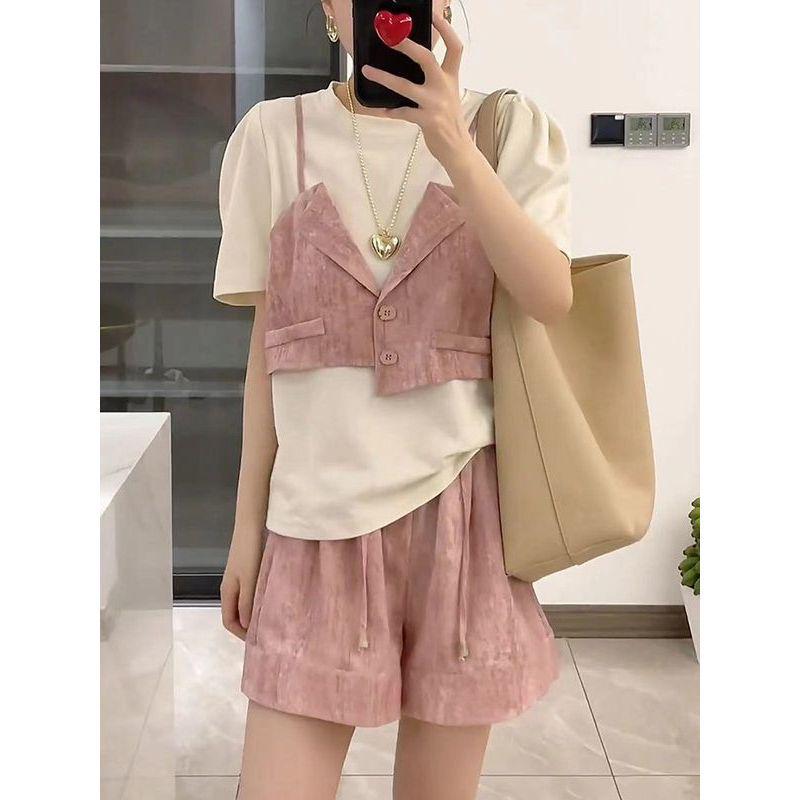 

Korean Designer Patchwork Faux Two-Piece: Short-Sleeve Top & Wide-Leg Shorts Set for Women - 2026 Summer Collection M [under 100 lbs]
