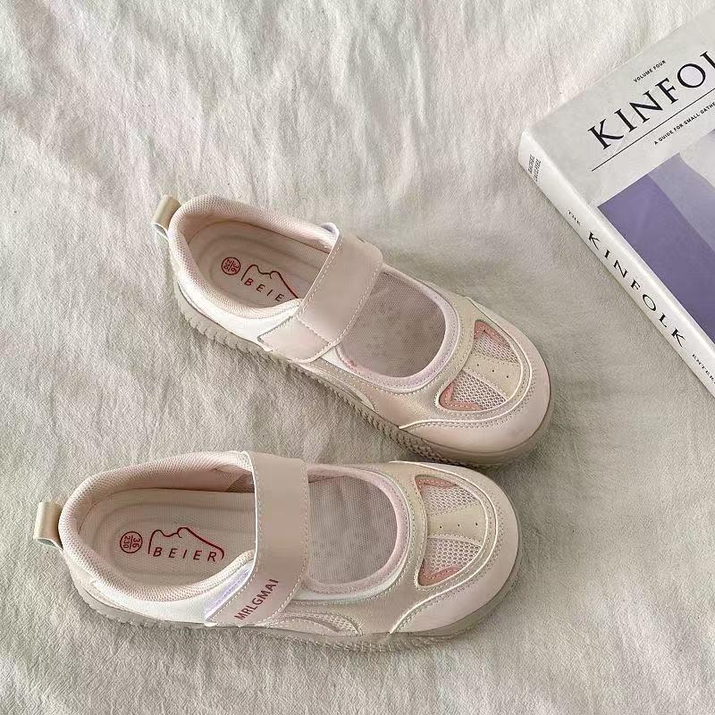 White Retro Round Head Thick Sole Shallow Mouth Single Shoes Women's New Summer Mesh Casual Sports Mary Jane Shoes