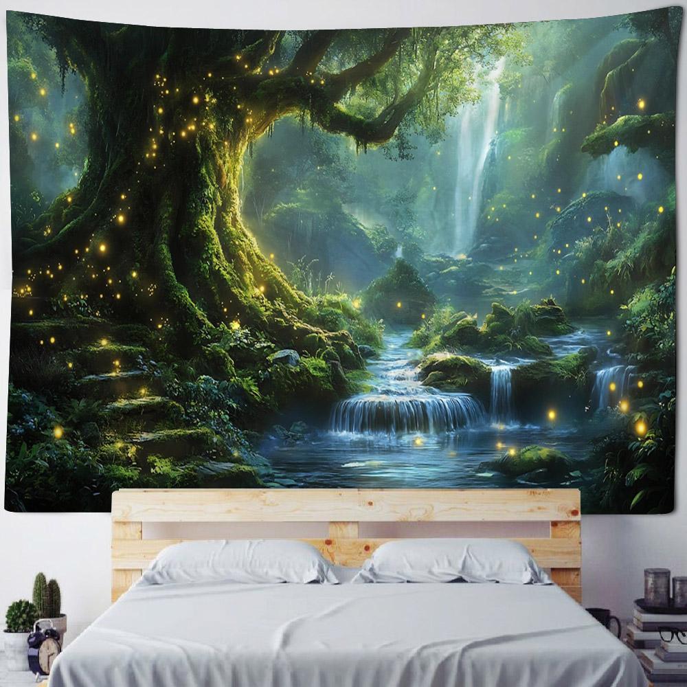 Forest Firefly Tapestry Dreamy Landscape Polyester Wall Hanging Fabric Aesthetic Home Decoration Living Room Background Poster