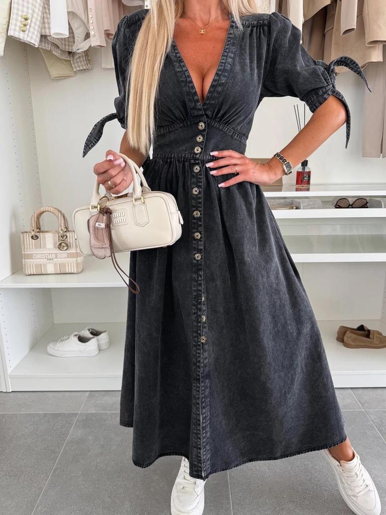 2024 European & American Fashion V-neck Denim Dress