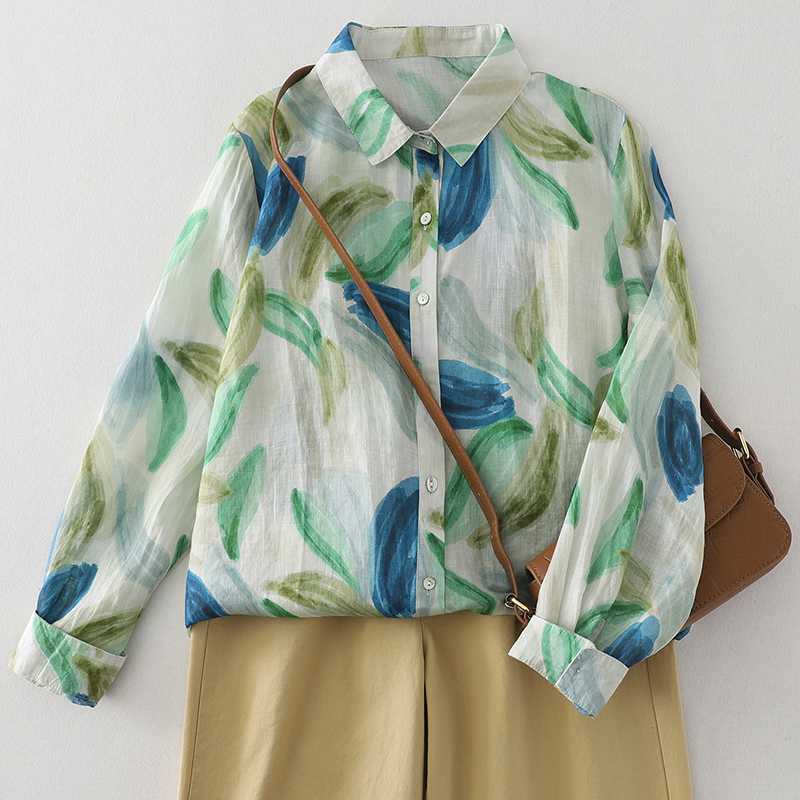 

Four Seasons Spring Autumn Women Blouse with Vintage Floral Print Casual Button Down Shirt Women Top 2XL