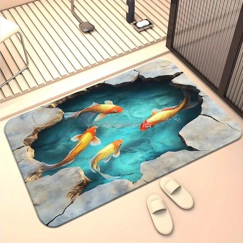 3D Optische Illusion Teppich Realistischer Fischteich Bereichsteppich Waschbar Goldfischteich Fußmatte Rutschfest