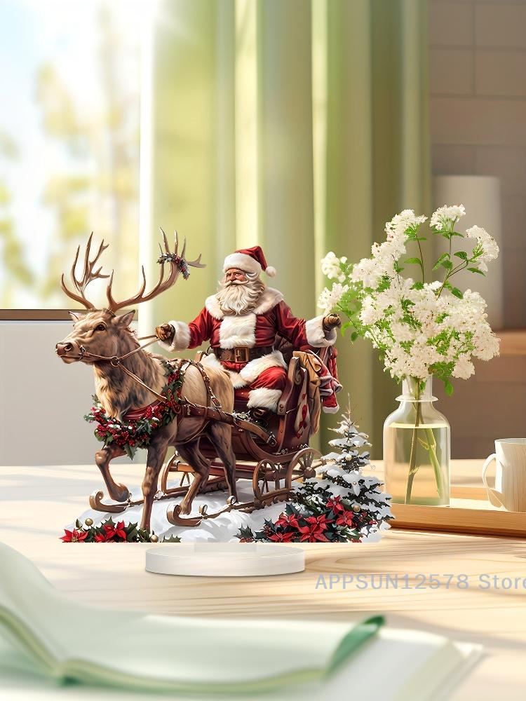 Santa Claus Reindeer Sled Acrylic Ornament – Tabletop Decoration with Base for Christmas, Navidad, and Holiday Parties