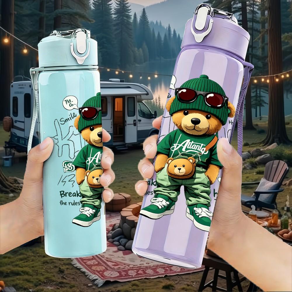 1PC Teddy Bear Green Army Outfit Print 750ml Color Plastic Sports Water Bottle Leakproof Flip Straw Lid Suitable for Sports Office Home Use