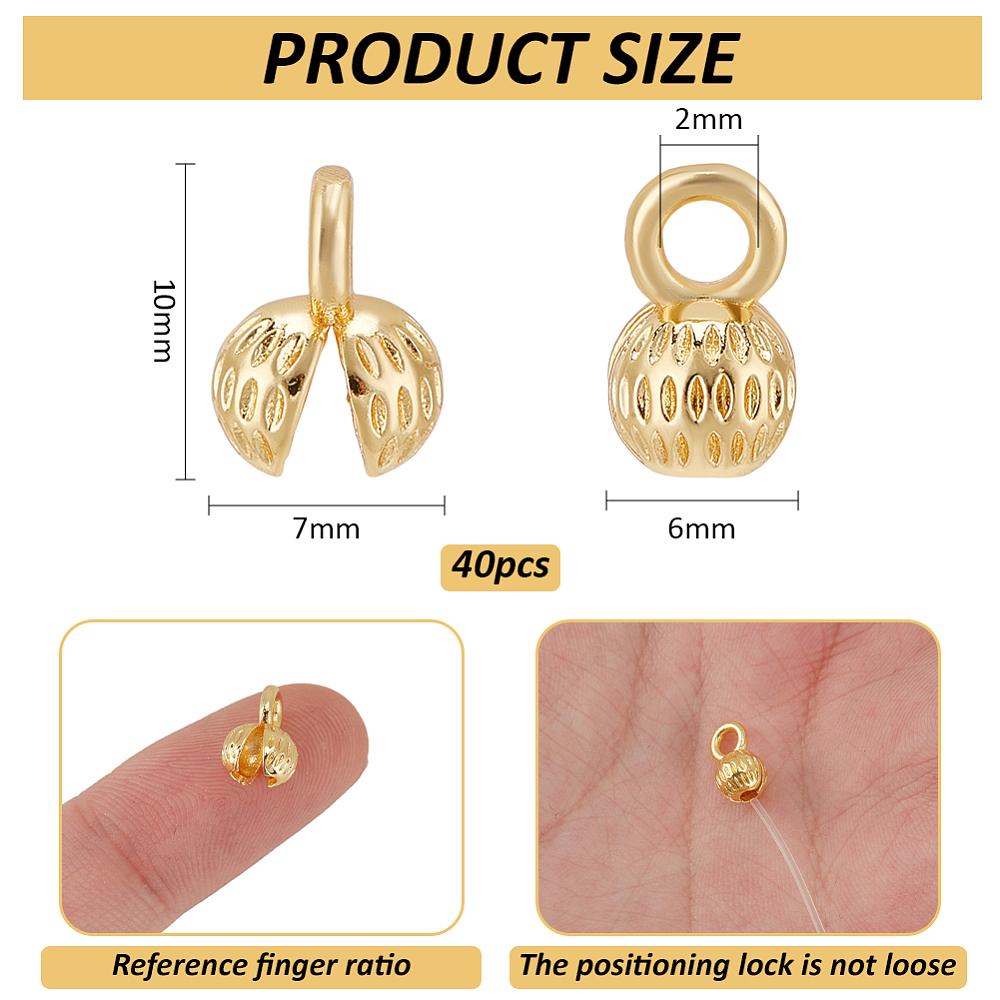 40Pcs Brass Folding Crimp Ends, Round, Real 18K Gold Plated, 10x7x6mm, Hole: 2mm
