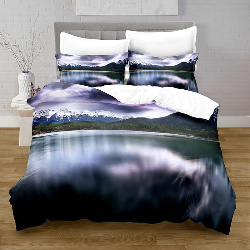 

Lake Duvet Cover Set Microfiber Natural Scenery Theme Bedding Set Mountain Red House Pattern King Size Soft 2/3pcs Quilt Cover Tool EU single(135x200cm)