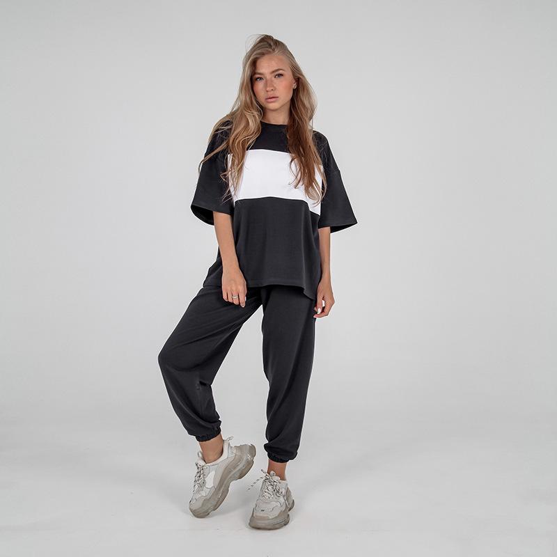

Casual Color Block Short Sleeve T-Shirt and Sports One-Piece Set Extra Large чорний