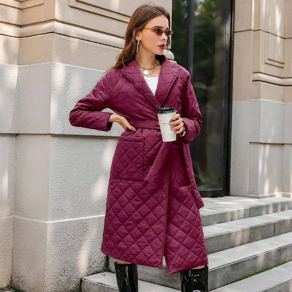 Autumn Winter Women's Notched Lapel Quilted Coat, Knee-Length Belted Waist Diamond Pattern Parka with Lightweight Warmth, Elegant Trench Style Jacket