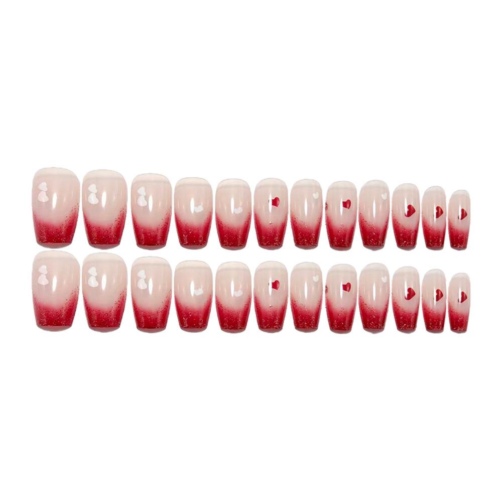High-End French Gradient Press-On Nails with Glitter Hearts - Fashionable Nail Art Pieces