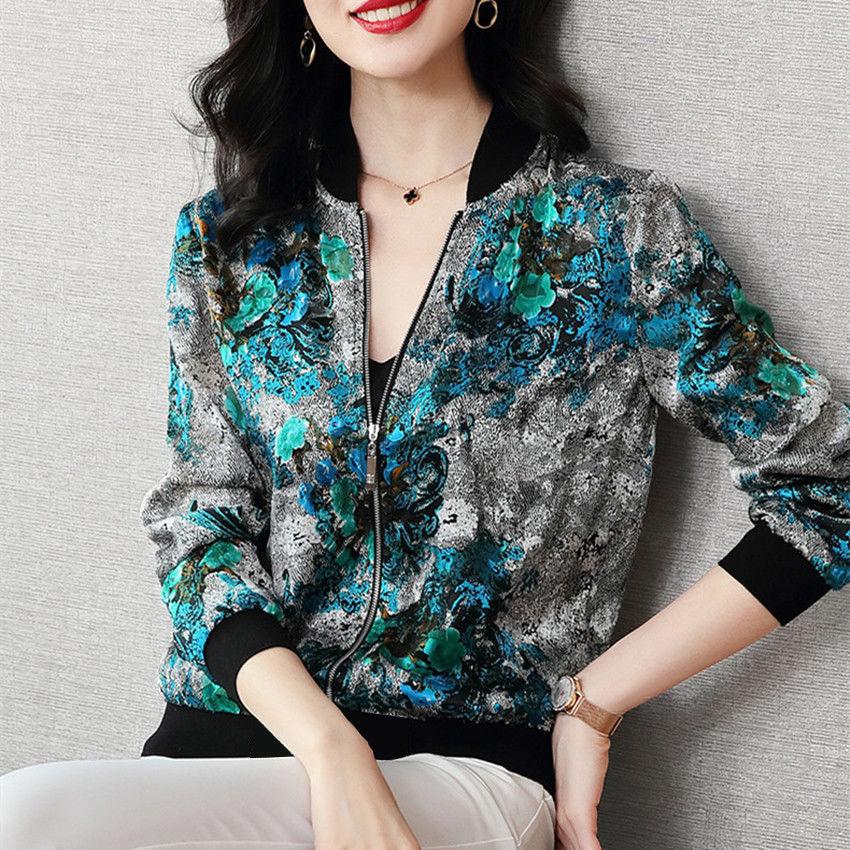 Summer Women Chiffon Jacket Thin Breathable Baseball Uniforms Long Sleeve Printed Jacket Loose Short Plus Size Sunscreen