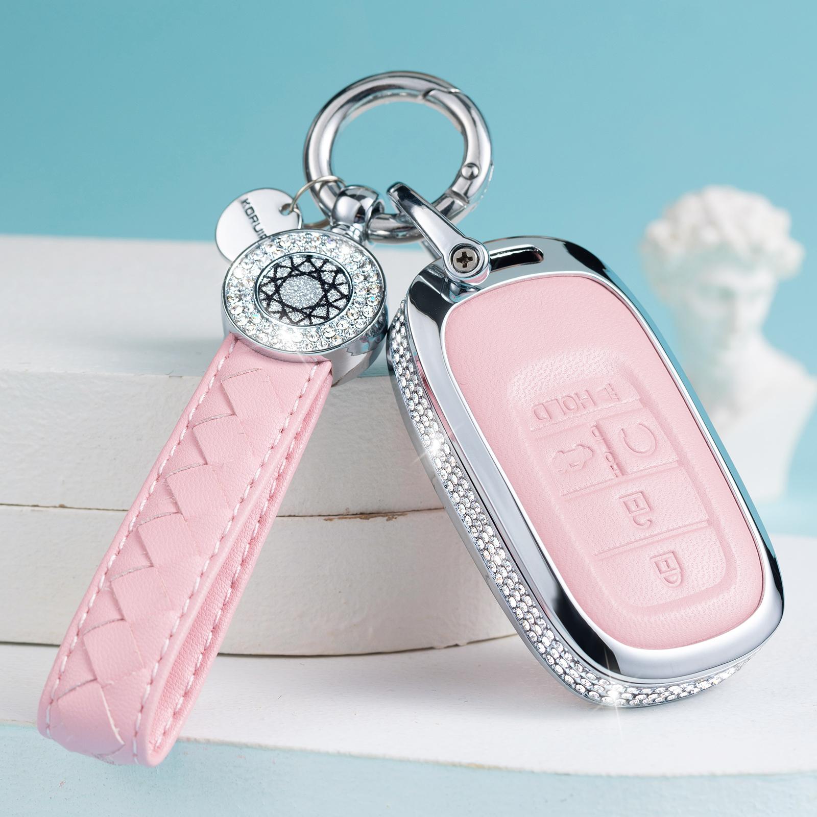 

for Honda Key Fob Cover with Keychain, Pink Genuine Leather Crystal Key Case Protection Shell Compatible with 2022 Honda Accord