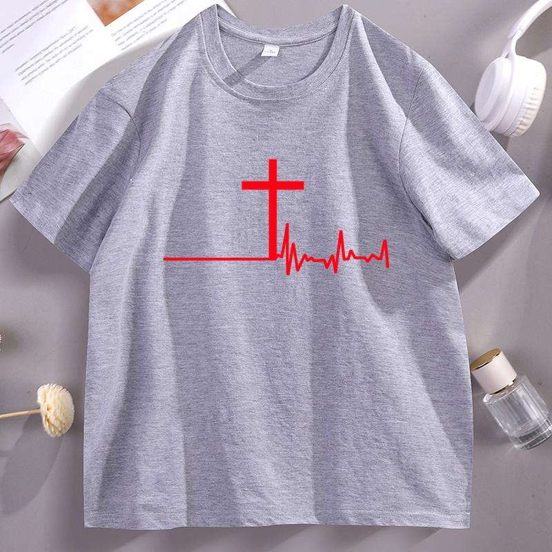 Women Graphic T-Shirt Christian Cross Heartbeat Tshirt Religious Faith Short Sleeve Soft Breathable T Shirt Unisex Clothes Tops