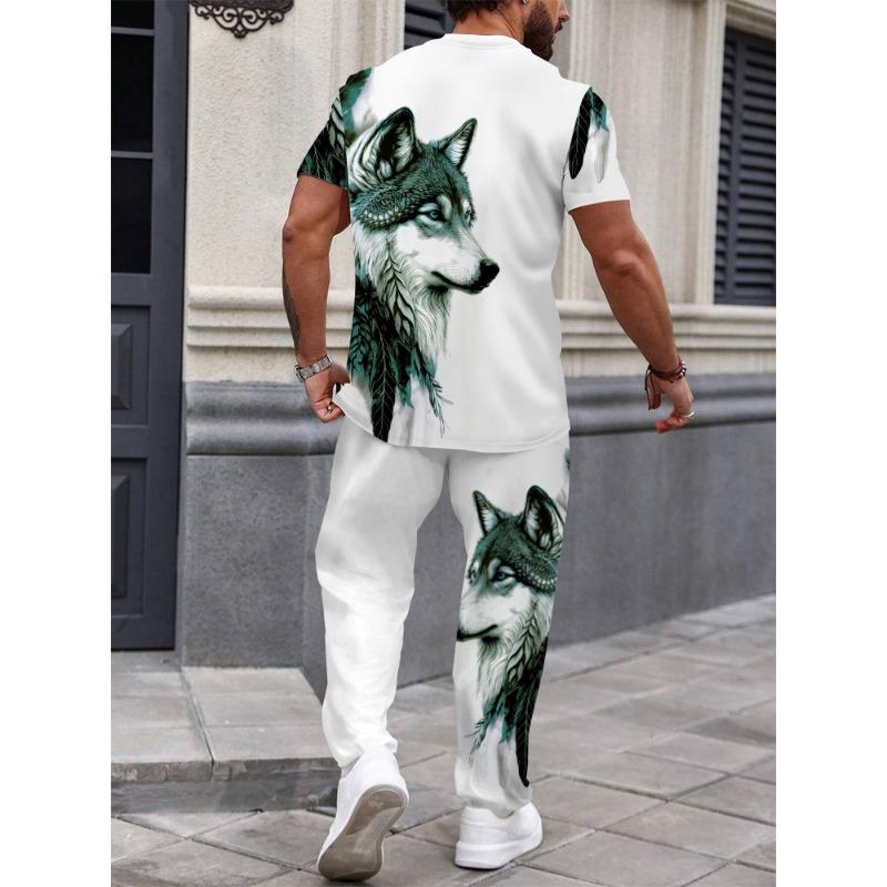 Men's personality clothing black and white Wolf head pattern two-piece set casual crew neck short-sleeved T-shirt and trousers