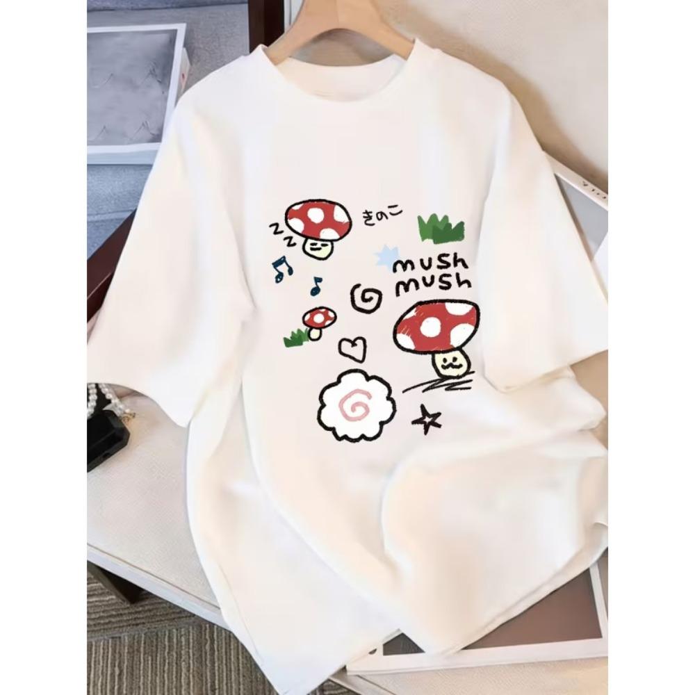 Cute Illustrative Style Mushroom Print T-Shirt Unisex Crew Neck Oversized Tee Soft Comfortable Shirt for Daily