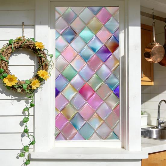 Stained Glass Effect Window Film Geometric Pattern Decorative Static Cling UV Block Heat Control Vintage Rainbow Window Sticker for Living