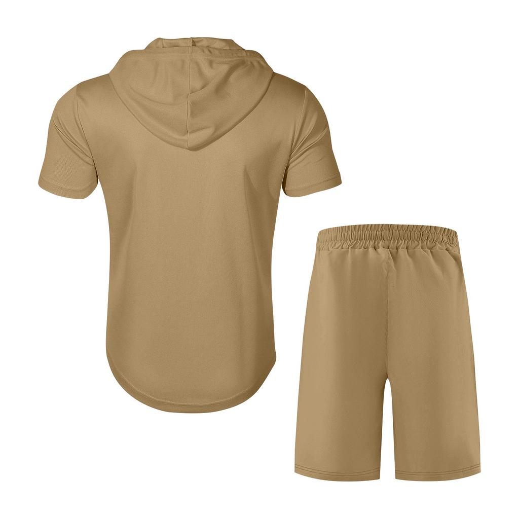Men's Summer Mesh Short-sleeved T-shirt With Hooded Collar Suit Sports Men's Casual Shorts Two-piece Suit Men ,Two-piece Set,