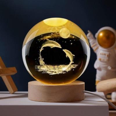 Crystal Ball Night Light Lamp with Dolphin Design Night LED Lamp with Wooden Base for Kids Room, Bedroom Home Decor, Office, Birthday