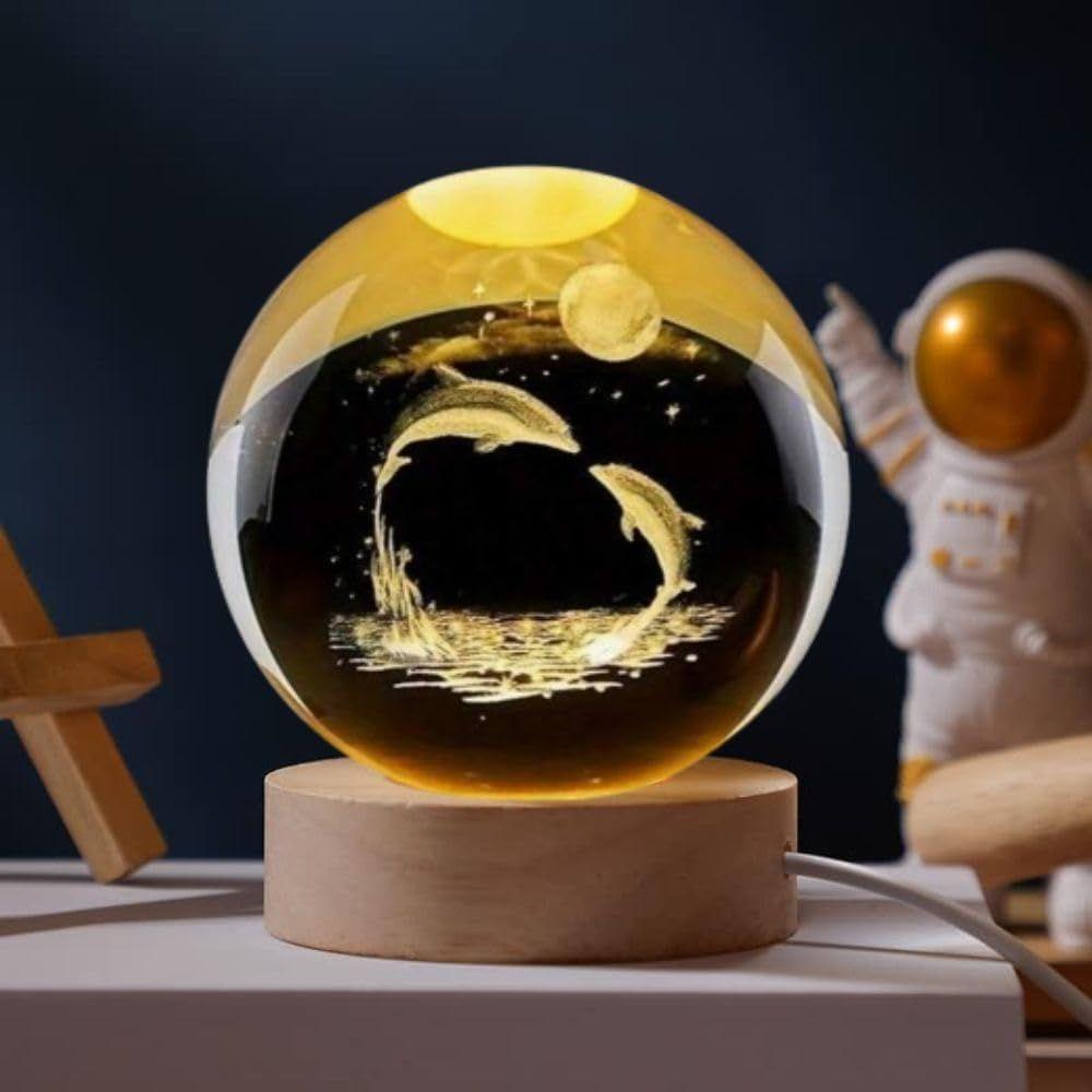 Crystal Ball Night Light Lamp with Dolphin Design Night LED Lamp with Wooden Base for Kids Room, Bedroom Home Decor, Office, Birthday