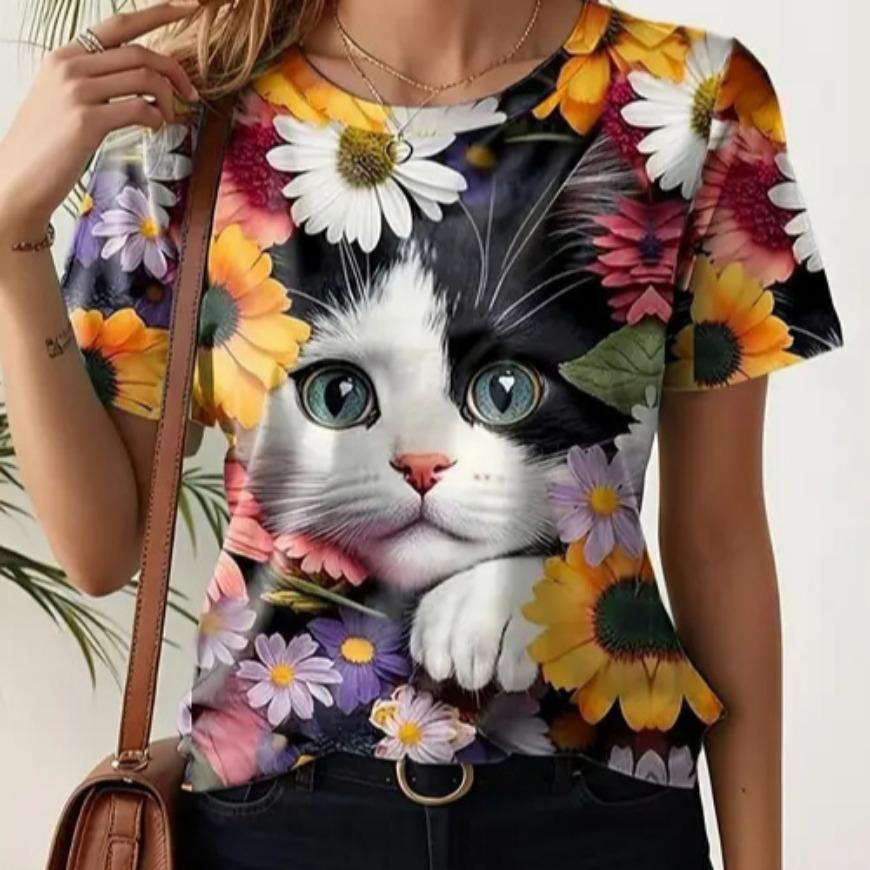 Summer Women's Casual Animal 3D Print Women's Round Neck Short Sleeved T-shirt