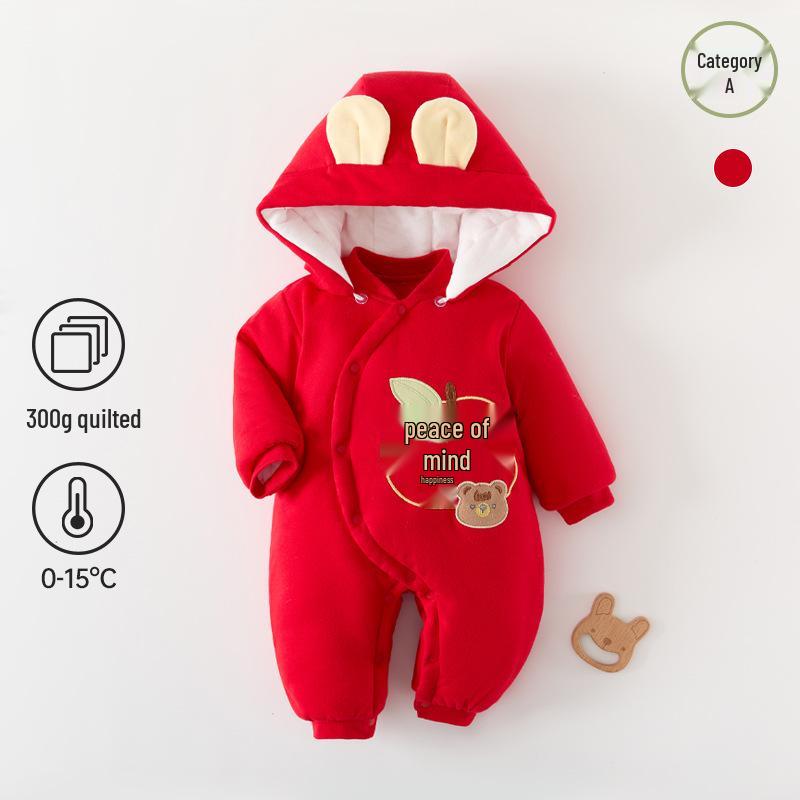 Fleece-Lined Quilted Red Baby Romper - Winter Outerwear for New Year Greetings